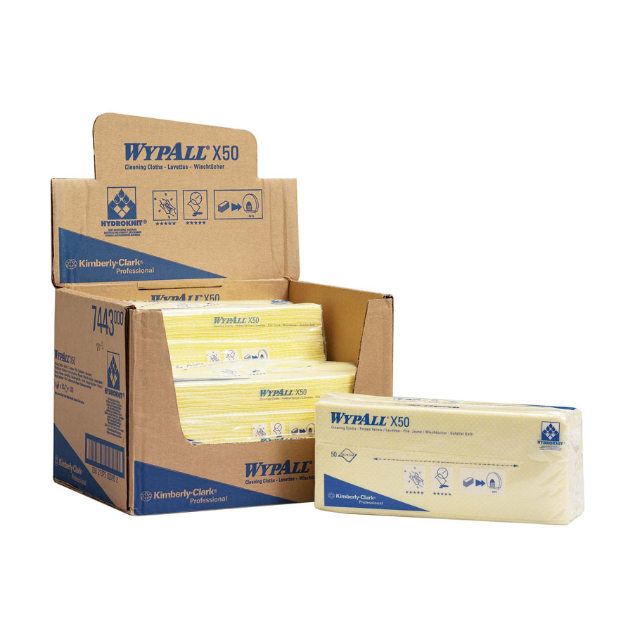 WypAll X50 Colour Coded Cleaning Cloths 7443 - Yellow Wiping Cloths - 6 Packs x 50 Interfolded Colour Coded Cloths (300 total)