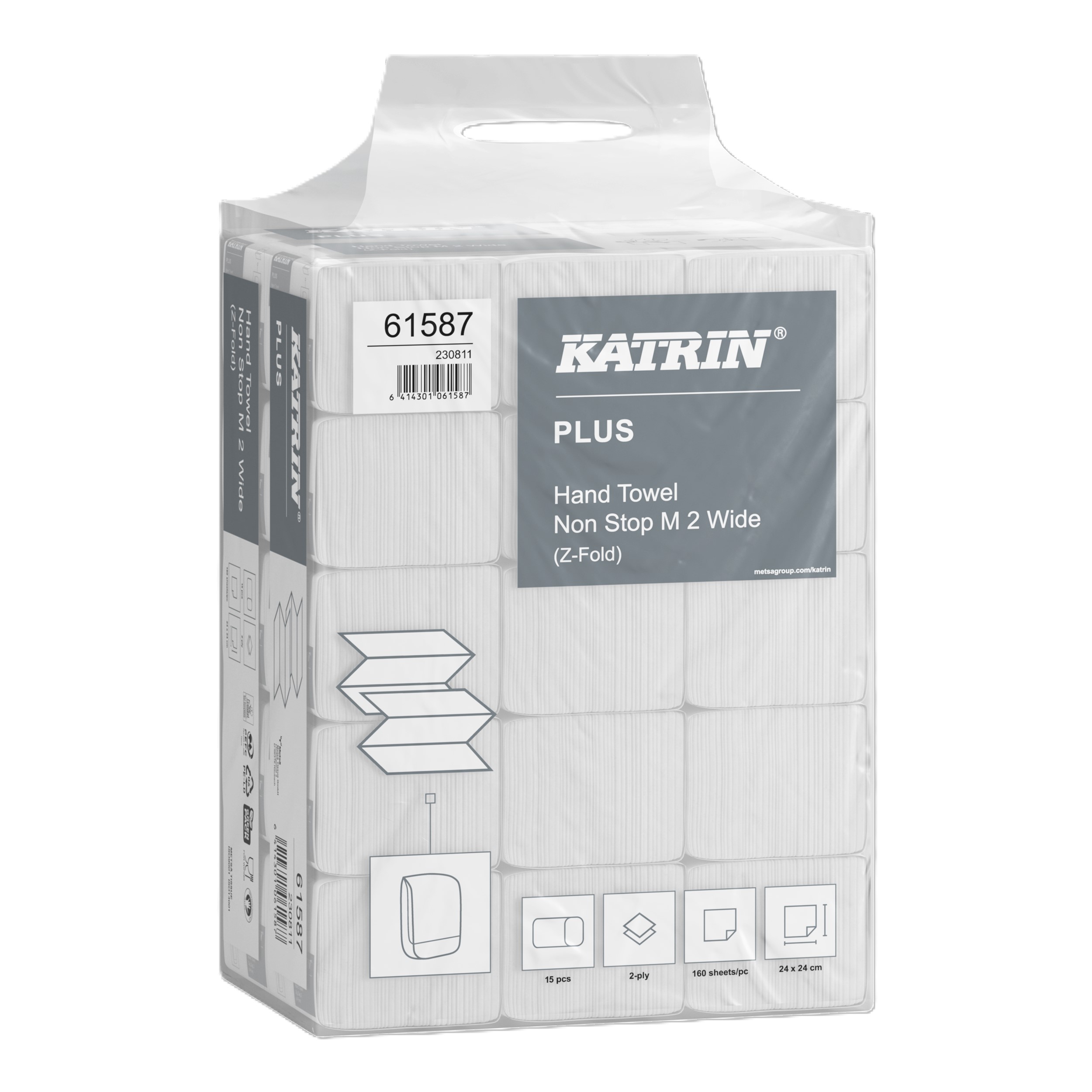 Katrin Plus 61587 Z-Fold Paper Towels Non-Stop Medium Wide - 2 Ply, 15 Packs x 160 Sheets (2,400 total)