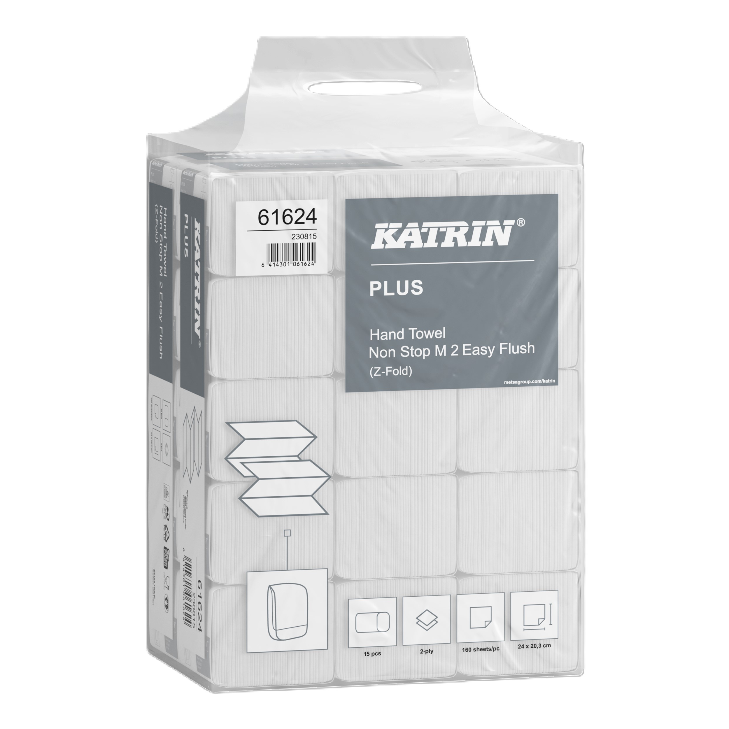 Katrin Plus 61624 Z-Fold Paper Towels Non-Stop EasyFlush Handy Pack - 2 Ply, 15 Packs x 160 Sheets (2,400 total)