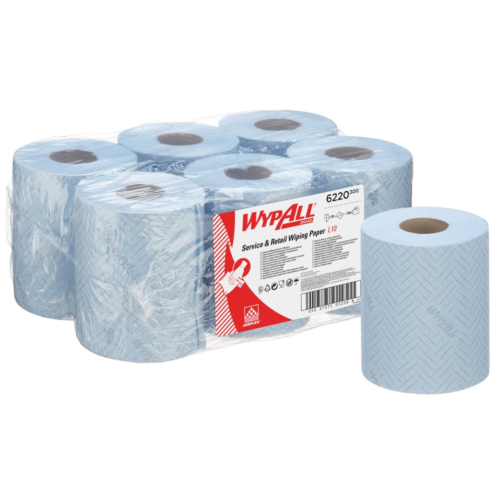 WypAll® L10 6220 Service & Retail Centrefeed Blue Roll – 1 Ply, 280 Wipes/Roll, Case of 6 (1,680 Total)