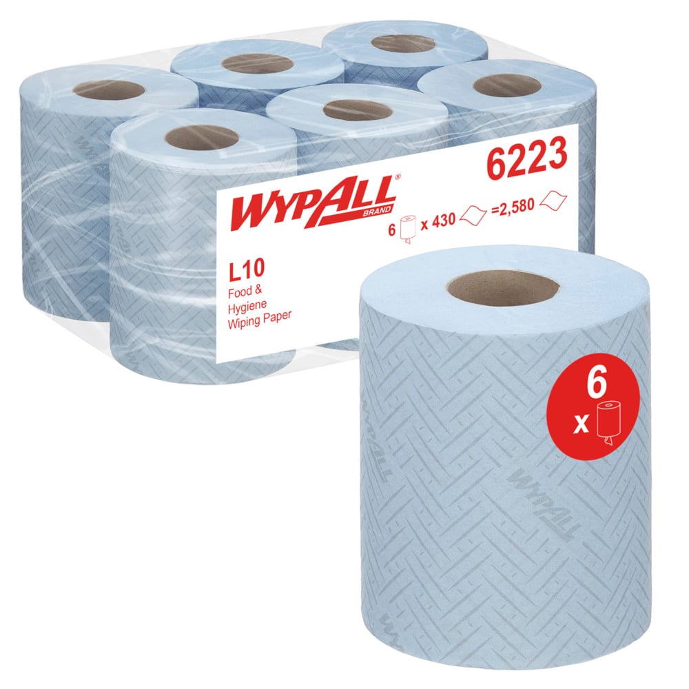 WypAll® L10 6223 Food & Hygiene Centrefeed Blue Roll - 1 Ply, 430 Wipes/Roll, Case of 6 (2,580 total)