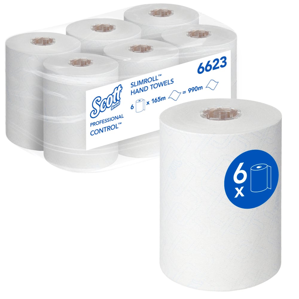 Scott® Control™ Slimroll™ 6623 Rolled White Hand Towels – 1 Ply, 165m, Case of 6