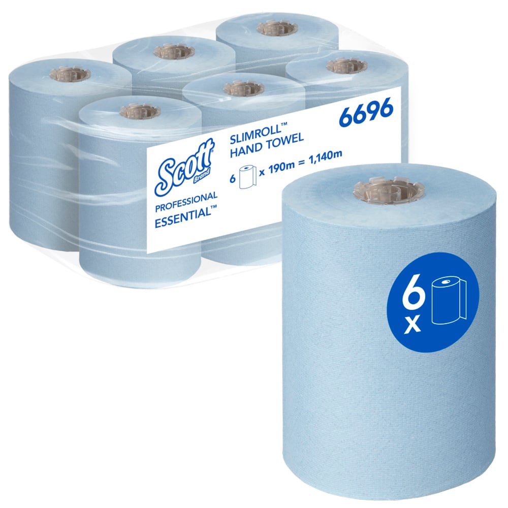 Scott® Essential™ Slimroll™ 6696 Rolled Hand Towel Blue Rolls - 1 Ply, 190m, Case of 6 Rolls