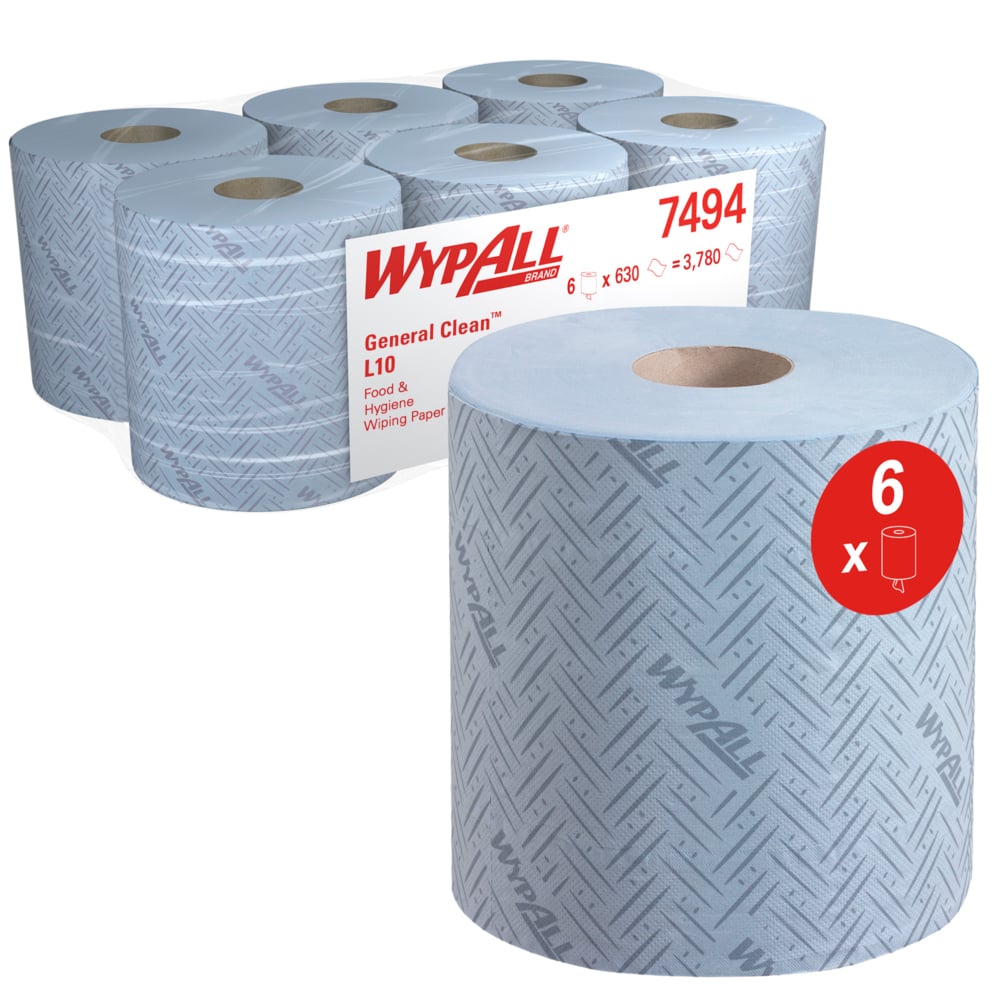 WypAll® L10 General Clean™ 7494 Food & Hygiene Blue Centrefeed Roll – 1 Ply, 630 Wipes/Roll, Case of 6 (3,780 total)