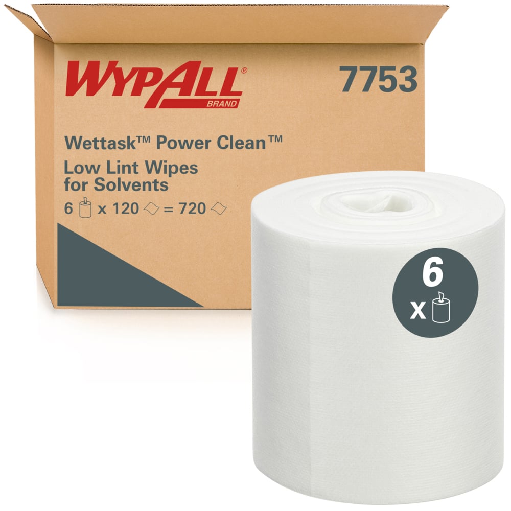 WypAll® Wettask™ Power Clean™ 7753 Low Lint Industrial Wipers for Solvents -120 Sheets per Roll, Case of 6 (720 Total)