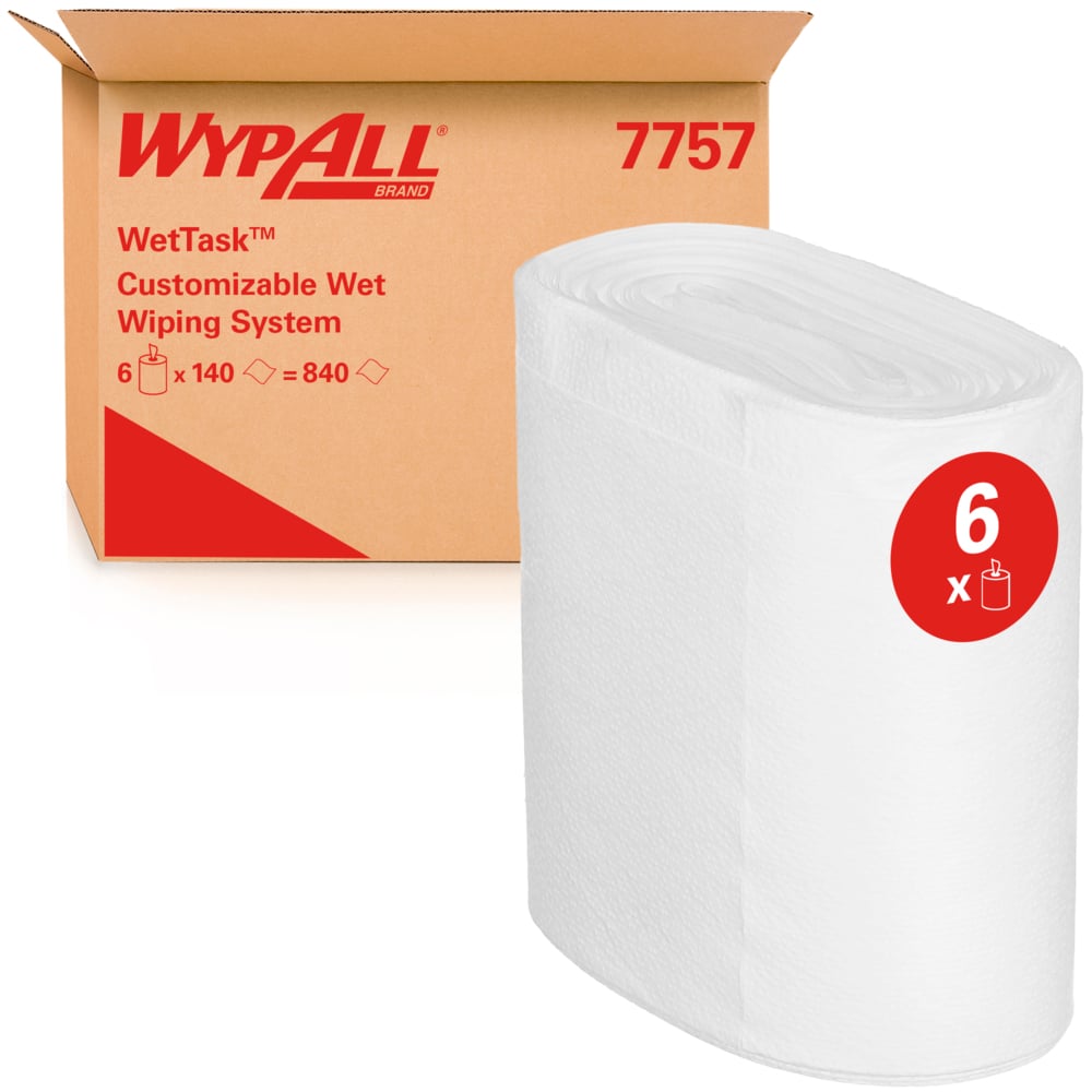 WypAll® Wettask™ 7757 Industrial Wipers For Solvents – 140 Sheets per Roll, Case of 6 (840 Total)