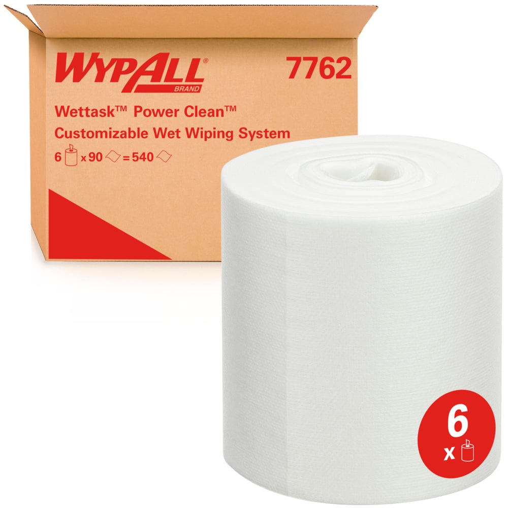 WypAll® Wettask™ Power Clean™ 7762 Industrial Wipers For Solvents – 90 Sheets per Roll, Case of 6 (540 Total)