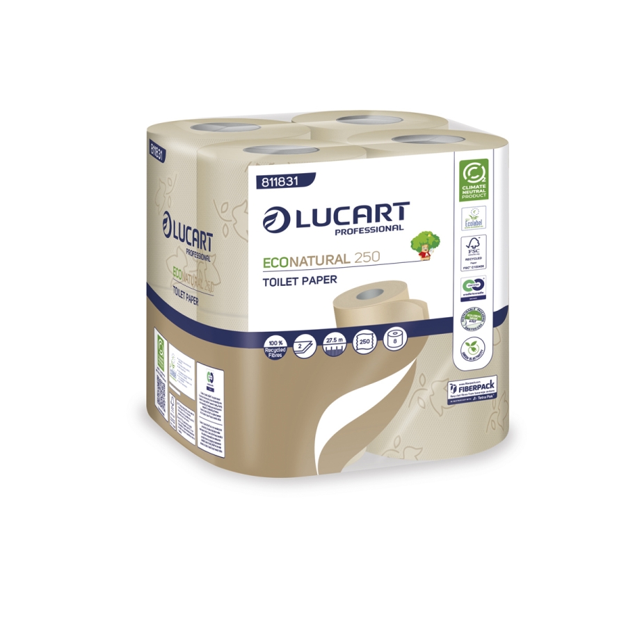 Lucart 811831 EcoNatural 250 Standard Toilet Roll - 2 Ply, 250 Sheets per Roll, Case of 64